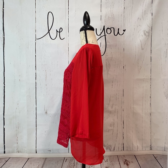 Zac + Rachel Red Woven Lace Front Blouse Medium - Picture 3 of 8